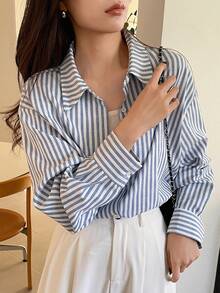 DAZY Blue Striped Casual Design Office/Commute Long Sleeve Shirt For Women, Spring/Summer, Valentine's Day