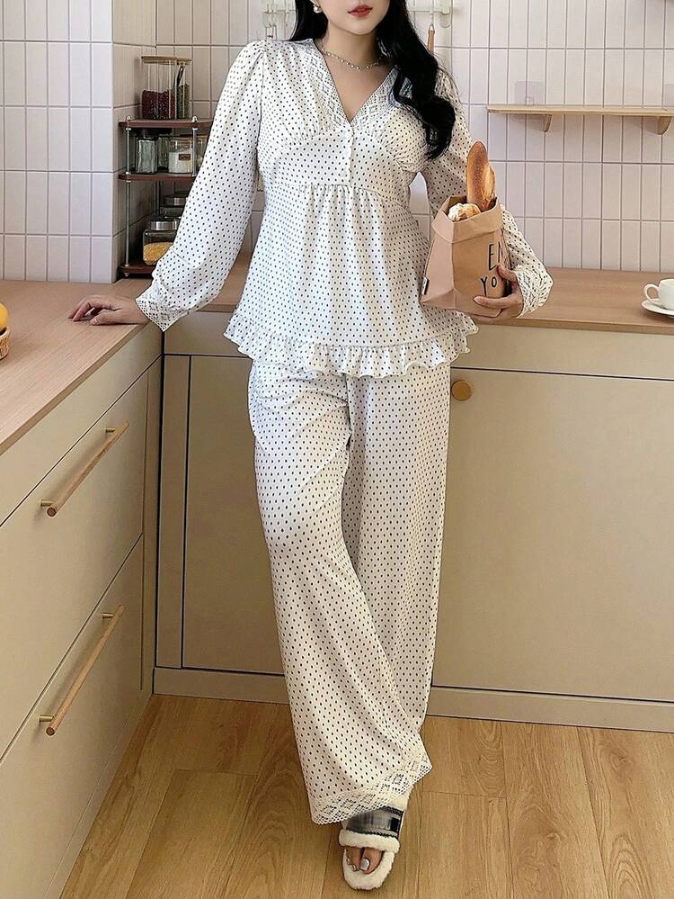 Dazy Plus Plus Size Women Polka Dot Contrast Lace Long Sleeve Top And Pants Pajama Set