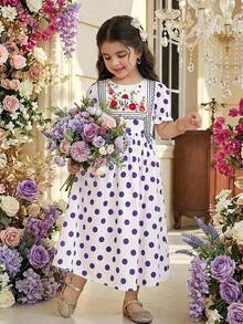 Vestido casual y cómodo con cuello redondo, mangas abullonadas y estampado de lunares para niña - Multicolor - Ver 1