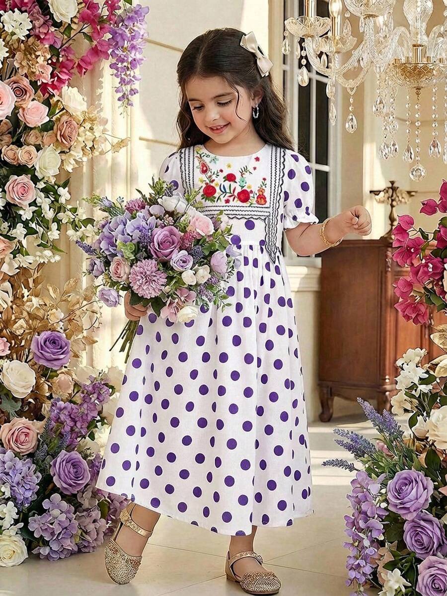 Vestido casual y cómodo con cuello redondo, mangas abullonadas y estampado de lunares para niña - Multicolor - Ver 1