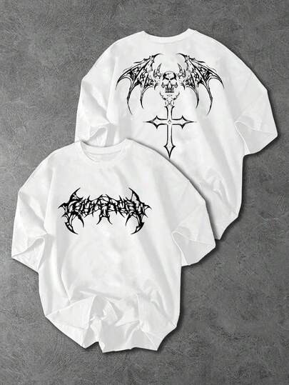 Sport MetroGents Camiseta deportiva blanca de corte holgado con estampado de calavera y alas, de moda casual y urbana para hombre, de verano