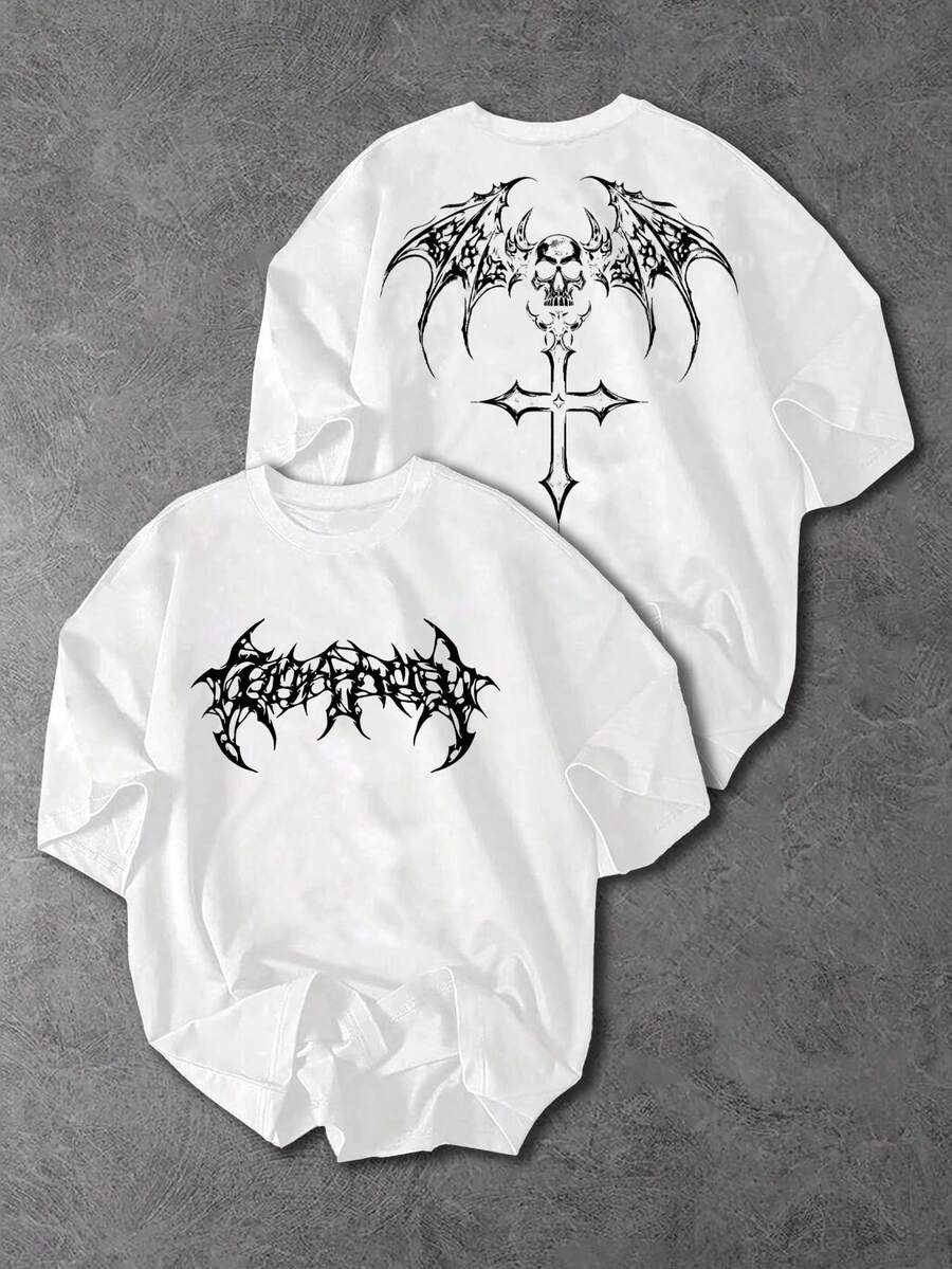 Sport MetroGents Camiseta deportiva blanca de corte holgado con estampado de calavera y alas, de moda casual y urbana para hombre, de verano - Blanco - Ver 1