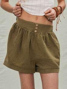 SHEIN Holidaya Chic Women's Green Woven Fabric Mini Length Track Shorts Casual Plain Style With Front Buttons - Green - View 3