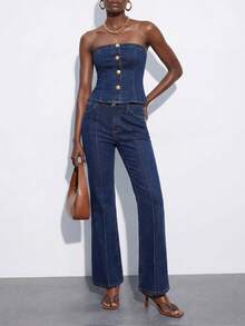 Maija Women's Blue Denim Suit: Strapless Top + Flared Jeans, Elegant Suit,2-Piece Set, - Dark Wash - View 2