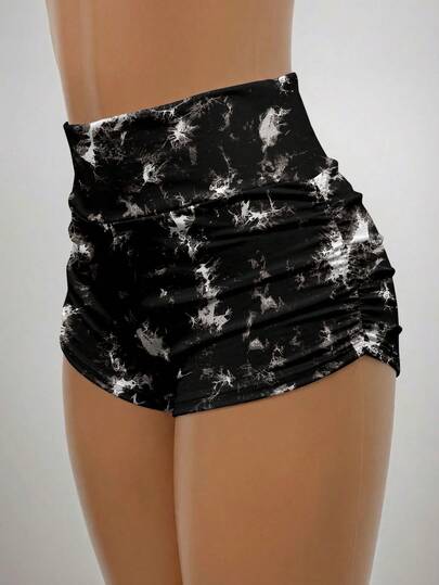 SHEIN EZwear 女士休闲运动紧身短裤，褶皱设计，低腰，扎染印花，女士健身服