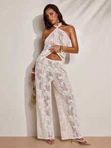 SHEIN BAE Dam enfärgad halterneck broderad casual semester rygglös linne - Aprikos - Visa 4