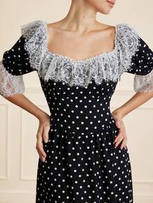 EMERY ROSE Retro Lace Trim Polka Dot Contrast Color Short Sleeve Casual Dress, European And American Style - Multicolor - View 3