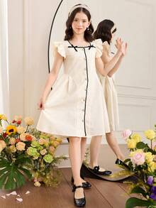 SHEIN 青少年女孩紋理杏色拼接短袖綁腰蝴蝶裝飾下擺洋裝 青少年女孩提花洋裝 - 杏色 - 查看 5