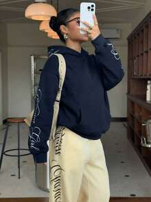 Muchica Women's Navy Blue Knitted Fabric Graphic Hooded Pullover Sweatshirt With Drop Shoulder Wrist-Length Sleeves Letter Pattern And Zipper Details Casual Long Sweatshirt Women Sweatshirts Y2k Women Hoodies Hoodie Hoodies Y2k Women's Hoodie Cropped Hoodie - Navy Blue - View 5