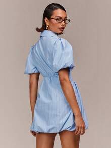 COSMINA Shirt Collar Puff Sleeve Dress, Blue Striped Dress, Puff Hem Design, Ruffle Detail, Cute Ladies Dress, Elegant Dress, Summer Mini Dress For Women - Blue and White - View 3