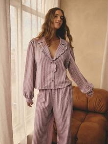 Aralina Sleepwear 2pcs Striped Collared Ruffle Neck Long Sleeve Balloon Sleeve Button Down Shirt And Wide Leg Long Pants Matching Set , Cute Cosy Christmas Pajamas - Dusty Pink - View 3