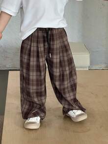 DAZY Young Boy Casual Fashion Street Plaid Print Drawstring Waist Loose Wide Leg Pants - Brown - View 4
