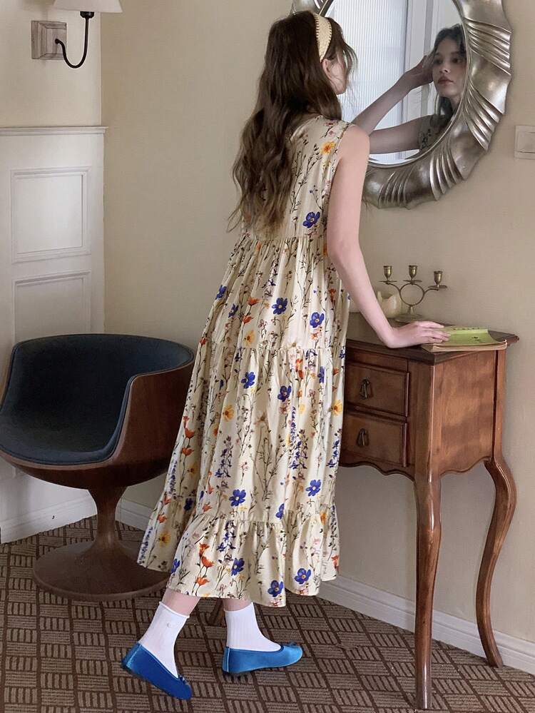 Teen Girl Floral Print Tiered Hem Sleeveless Loose Vacation Dress, Summer Easter