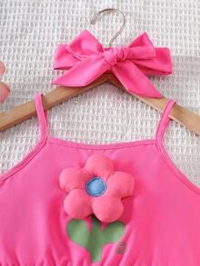 Elladie kids 2件組 4-7歲女童淺粉色花卉裝飾細肩帶上衣（荷葉邊下擺）搭配鬆緊腰短褲套裝，夏季周歲花朵風穿搭 - 粉色 - 查看 6