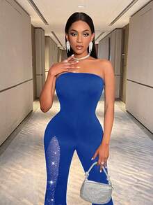 BamGleam Women's Fashionable Sexy Mesh Patchwork Bandeau Jumpsuit - Royal Blue - View 3