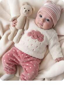 Newborn Baby Girl Cute Fluffy Long Sleeve Casual Pajama Set, Autumn/Winter - Multicolor - View 1