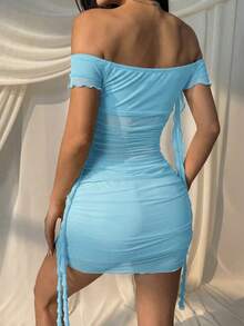 SHEIN EZwear 女士薄荷蓝露肩荷叶边迷你连衣裙，性感 - 薄荷藍 - 查看 2
