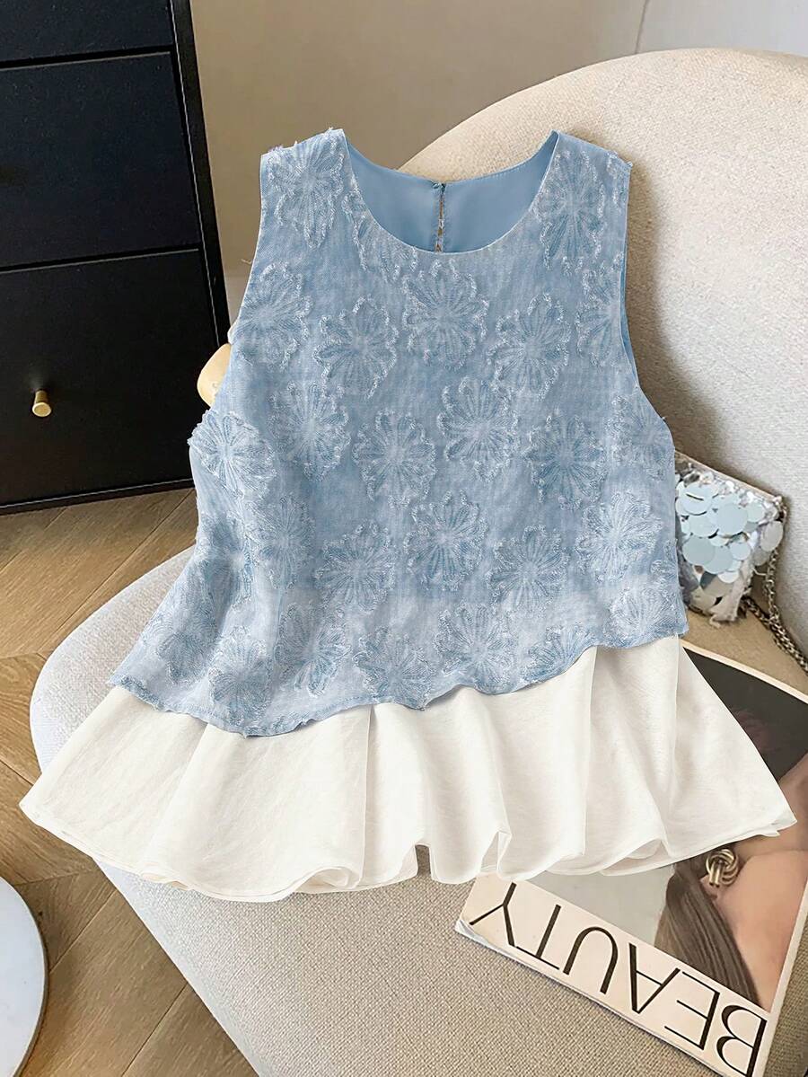 GlowEve Áo không tay kiểu Trung Quốc mới dành cho nữ, chất liệu jacquard, phối màu tương phản. - Màu xanh lam - Xem 1