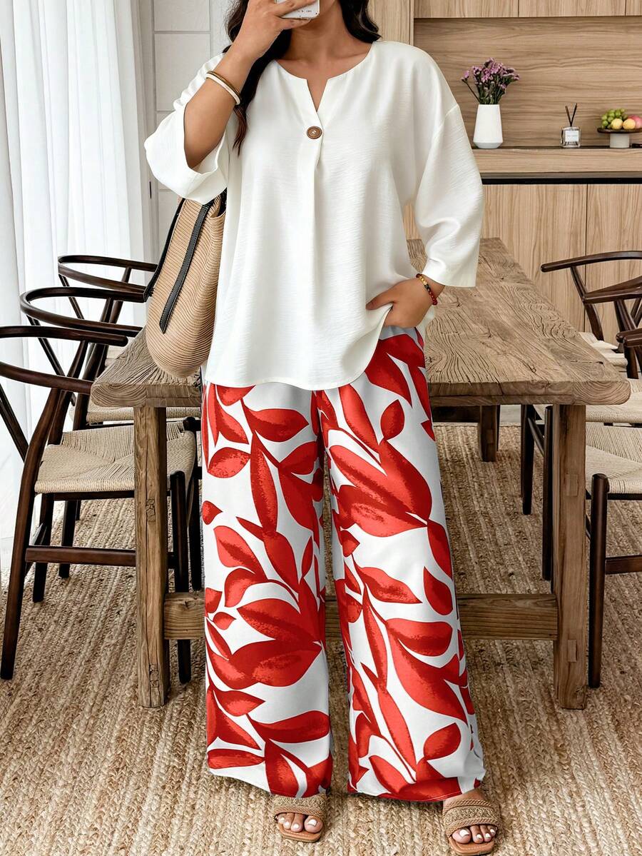 EMERY ROSE Bộ 2 món dành cho nữ cỡ lớn, kiểu dáng thường ngày, gồm áo cổ chữ V, vai rớt và quần ống rộng in hoa. - Nhiều màu - Xem 1