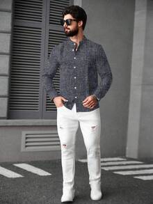 Manfinity CasualCool Men's Fashionable Casual Stand Collar Button-Up Shirt - Dusty Blue - View 5