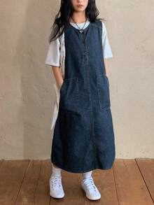 DAZY Tween Girls' V-Neck Sleeveless Denim Jumper Dress, Fall - Blue - View 6