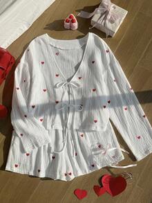 Comfortcana 2件組情人節愛心裝飾綁帶長袖上衣與短褲，舒適度假大尺碼女裝，春夏棉質可愛兩件套 - 紅白色 - 查看 6