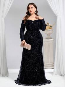 Coutiva 秋冬奢华珠饰亮片露肩露背长袖单肩鱼尾晚礼服，适合婚礼宾客、毕业典礼、生日派对、音乐节、婚礼等场合。 - 黑色 - 查看 3