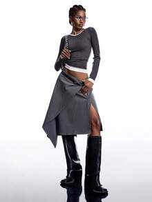 LYSMO 女式条纹印花不对称下摆开叉半身裙 - 深灰色 - 查看 8