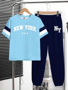 男童休闲简约时尚经典Y2K风67款美式复古运动宽松舒适百搭圆领短袖T恤裤套装 - 彩色 - 查看 2