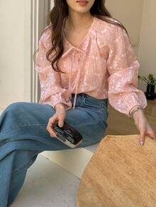 DAZY Women's Casual Lace Long Sleeve White Blouse, Suitable For Spring, Summer, Valentine's Day, Office Wear - Pink - View 7