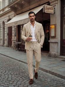 HIMLAND 男士条纹缺角领双排扣休闲/商务长袖西装外套