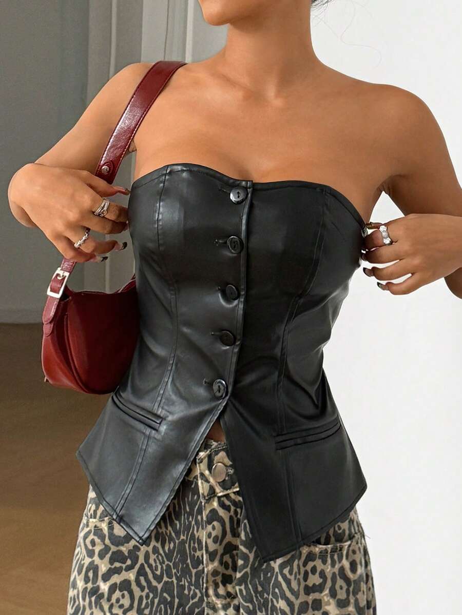 SHEIN EZwear 1 pieza Camiseta de tirantes corta de verano de mujer con PU y un solo botón - Negro - Ver 1