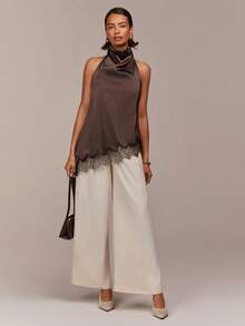 COSMINA Satin Brown Asymmetric Hem Lace Patchwork Sleeveless Camisole Top, Casual Elegant Office Commute Modern Y2K Spaghetti Strap Blouse, Halter Top, Brown Top, Cowl Neck Top, Casual Top, Lace Satin Top, Summer And Spring Top, Going-Out Top - Brown - View 3