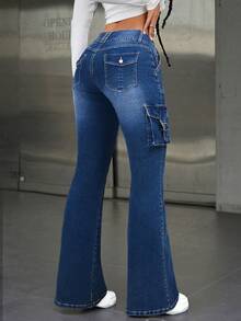 SHEIN ICON Quần jeans ống loe phong cách thường ngày dành cho nữ, kiểu dáng đường phố cổ điển, thích hợp cho công sở. - Rửa tối - Xem 2