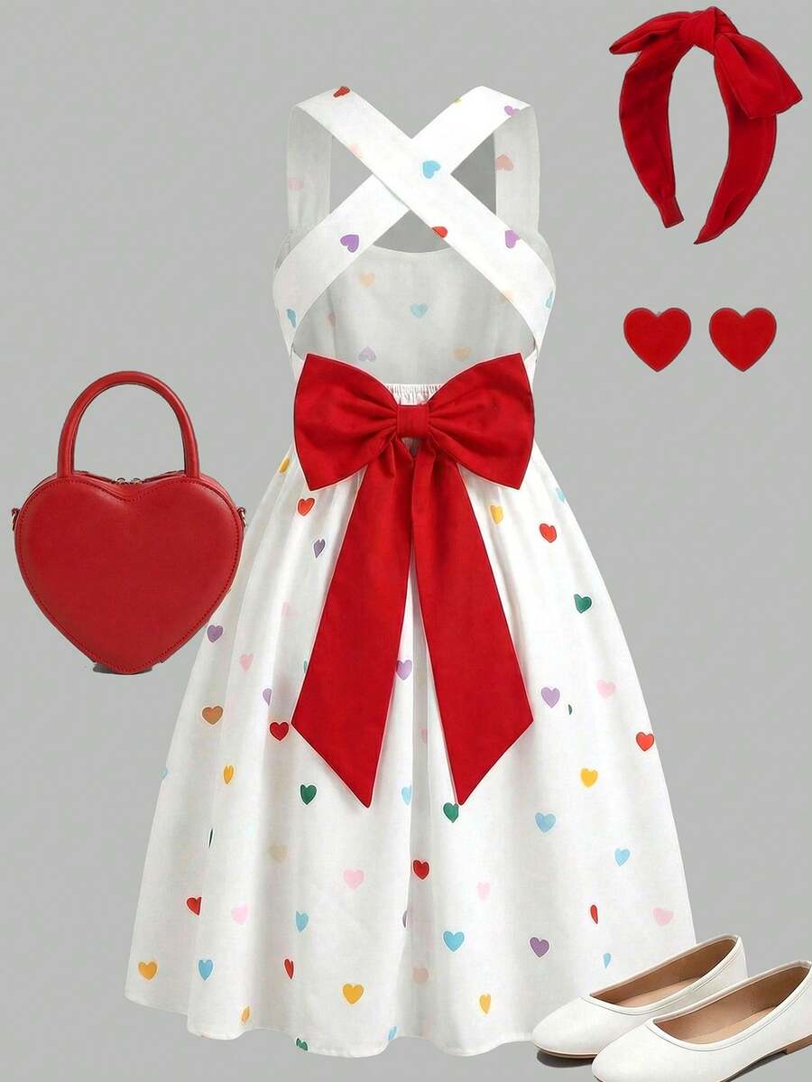 SHEIN Tween Girls White Heart Print Camisole Waist A-Line Bowknot Backless Casual Vacation Dress - Red and White - View 1
