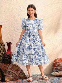SHEIN Tween Girl Woven Landscape Print Round Neck Puff Sleeve Loose Casual Dress, Girls Blue Puff Sleeves, Puff Sleeve Dress Girls, Tween Blue And White Dress, Blue And White Print Dress - Navy Blue - View 11