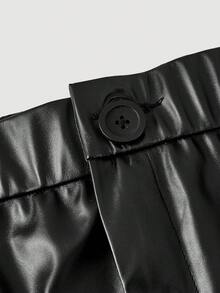 SHEIN MOD 大码女式PU皮革弹力腰优雅阔腿直筒裤 - 黑色 - 查看 4