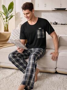 CoupledUp Crew Neck Patch Decor Short Sleeve Top & Casual Patch Print Pants Men Pajama Set - Multicolor - View 7