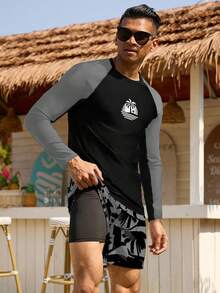 Manfinity Swimmode 男士休闲椰树印花撞色插肩袖上衣和泳裤两件套，秋季