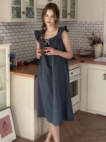 DAZY Teen Girls' Comfortable Plaid Print Bow Decor Nightgown For Everyday Wear Spring - Navy Blue - View 4