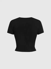 ROMWE Camiseta corta elástica con caracteres chinos y rhinestones, estilo Y2K - Negro - Ver 2