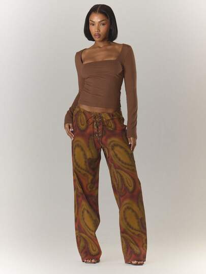 MUSERA Påfågelmönster Snörning Raka ben Mönstrade Jeans Cool Tjej Streetstyle Utekväll Höst Höst Vinter