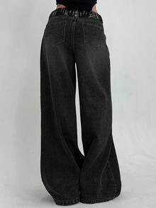 SHEIN 少女日常通勤休闲宽松阔腿牛仔裤 - 黑色 - 查看 2