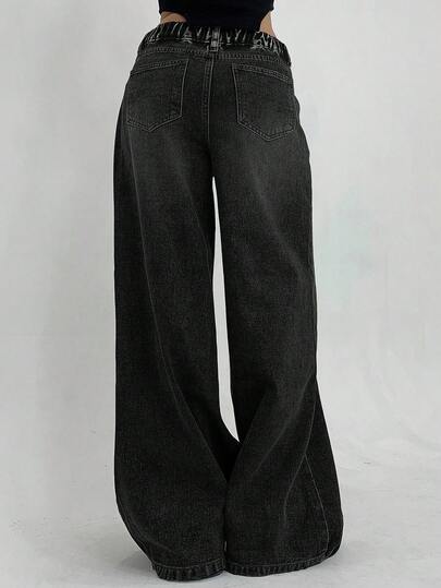 SHEIN 少女日常通勤休闲宽松阔腿牛仔裤