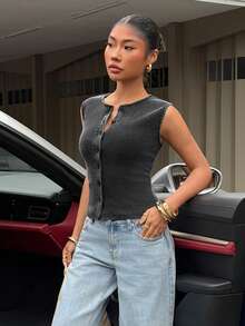 Muchica Black Knit Casual Versatile Everyday Sleeveless Fitted Tank Top - Black - View 3