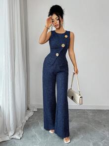 Elenzga 2pcs/Set Crew Neck Metal Button Sleeveless Waist Cinched Asymmetric Hem Blouse Top & Straight Leg Jeans Texture Fabric Navy Blue Autumn Elegant Office - Blue - View 5