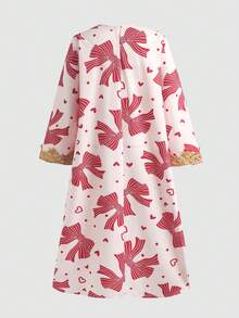 SHEIN 少女宽松度假休闲V领蝴蝶结装饰针织连衣裙 - 粉色 - 查看 4