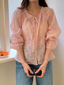 DAZY Women's Casual Lace Long Sleeve White Blouse, Suitable For Spring, Summer, Valentine's Day, Office Wear - Pink - View 3