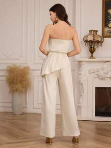 Modelyn Women's Elegant Niche Asymmetric Hem Cinched Waist Top And Loose Wide Leg Pants 2 Pieces Set, Suitable For Commuting And Everyday Wear - Apricot - View 2