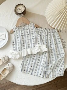 SHEIN 女婴可爱碎花吊带背心和裤子套装，夏季假期 - 彩色 - 查看 3